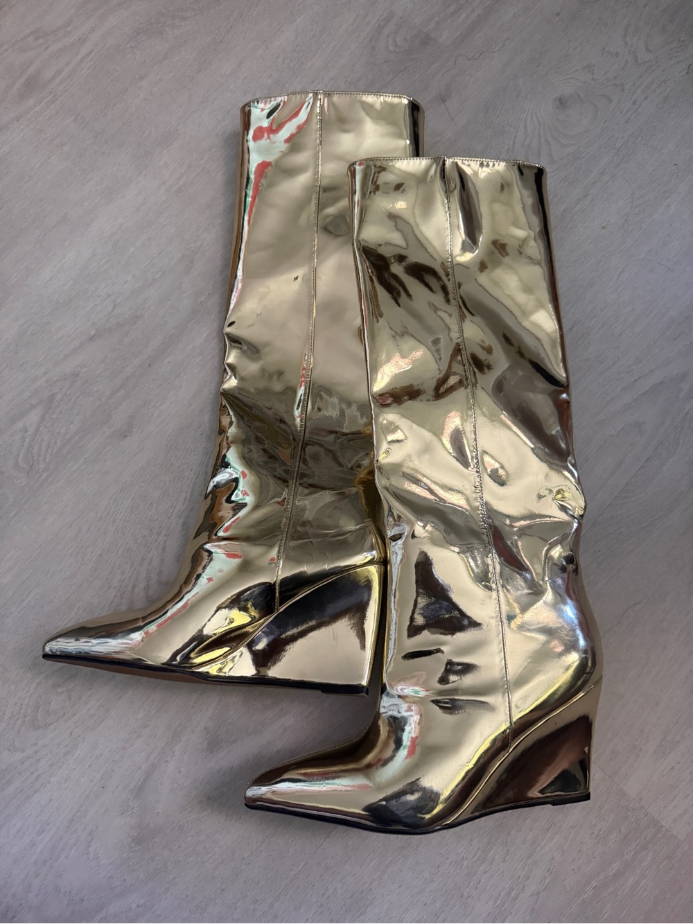 Gold Metallic Knee-High Wedge Boots - Unbranded